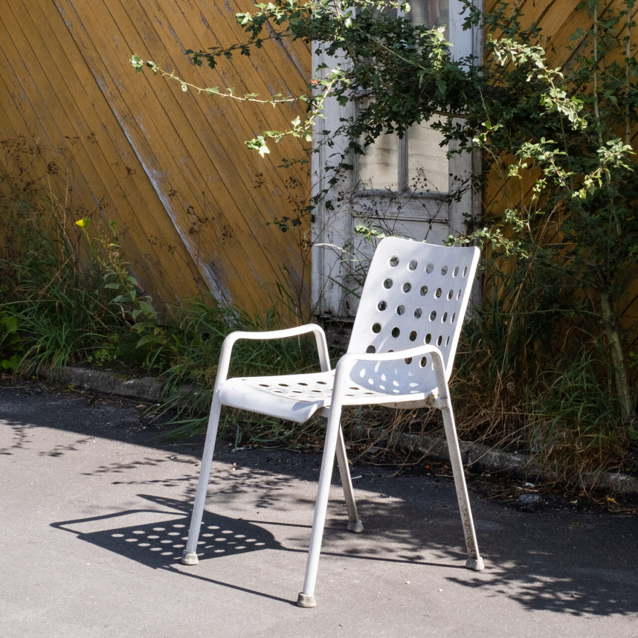 Photograph of a white plastic chair with circular holes evenly distributed across the surface, in the sunlight at the side of the road. Behind is a building with diagonal yellow planks across the walls, with white-framed windows and green plants along the bottom and growing up and arching over the chair.