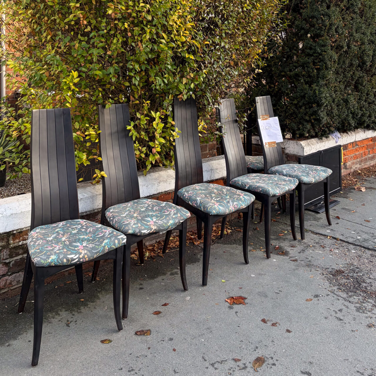 Photograph of 5 black dining chairs with floral upholstered seats, lined up against a low brick wall on a tarmac pavement. There are bushes behind the chairs and a sign saying 'FREE' is attached to the furthest chair with brown tape. A small monitor or TV screen can also just be seen at the right of the chairs.